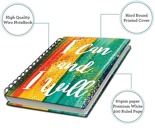 AccuPrints wiro bound A5 (6 by 9 inch) wiro Notebook Diary Ruled 200 pages-80 Gsm Paper Pattern-I Can I will