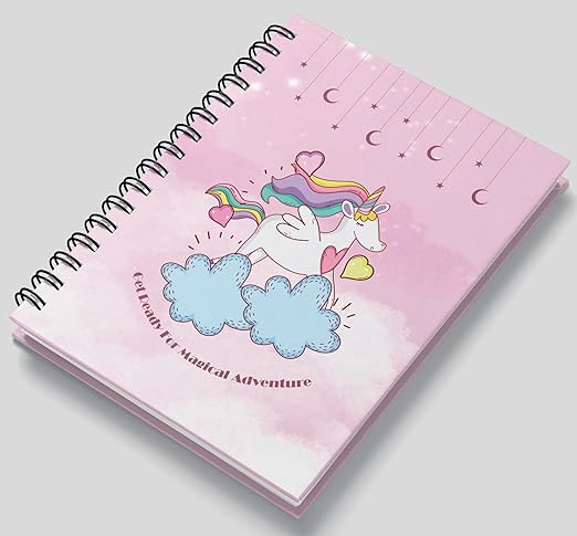 AccuPrints Hard Bound Paper Notebook|Compact Size A5 (8.25 x 5.7)|200 Pages, 80 gsm|Flat Opening Wiro Pink Unicorn diary