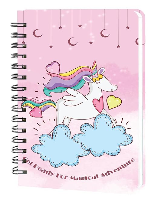AccuPrints Hard Bound Paper Notebook|Compact Size A5 (8.25 x 5.7)|200 Pages, 80 gsm|Flat Opening Wiro Pink Unicorn diary