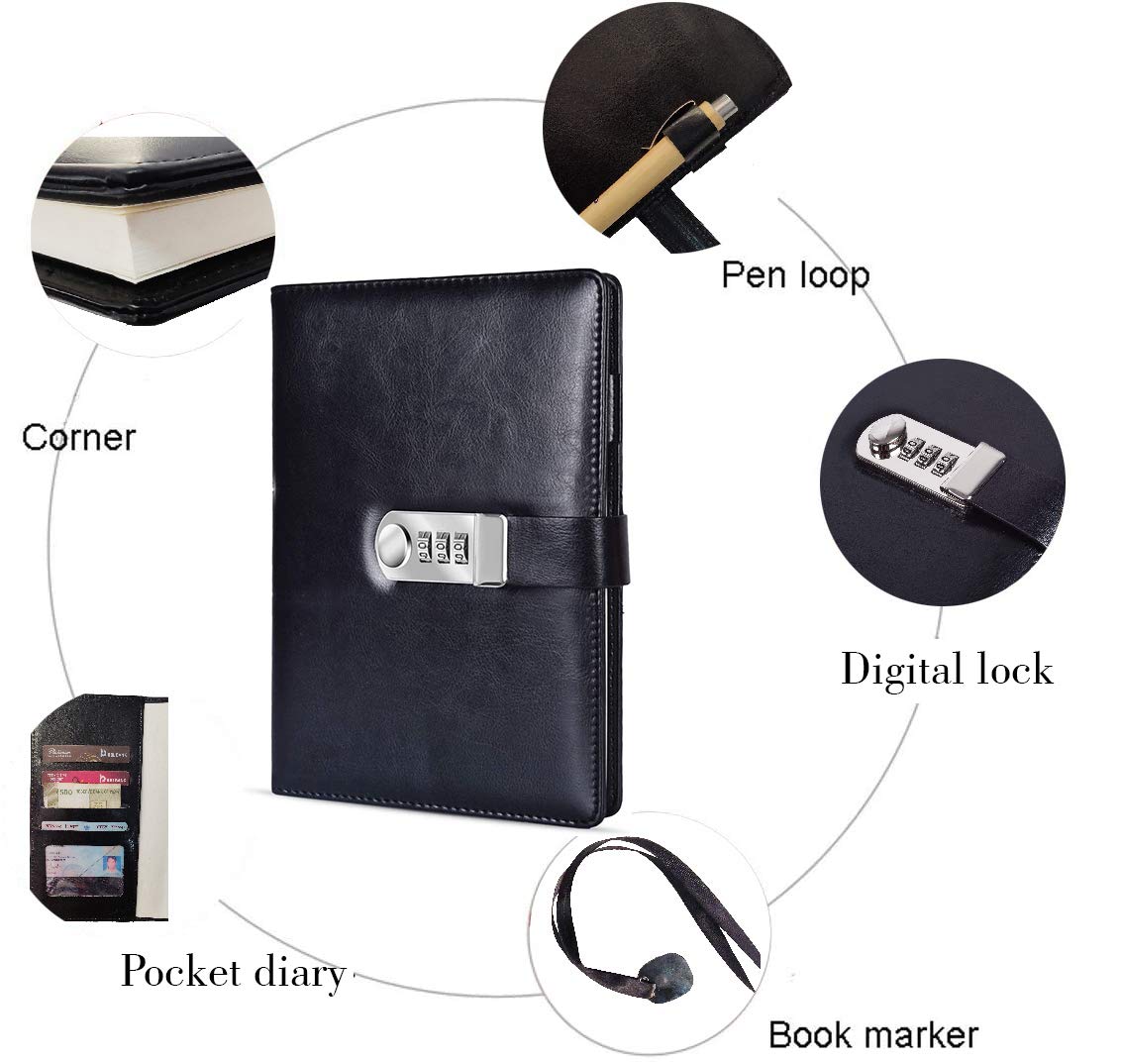 AccuPrints Black PU Leather Diary with Lock, Size 6 ny 8 inch