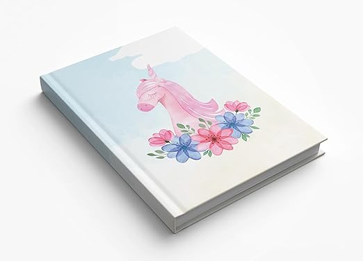 AccuPrints Hard Bound Paper Notebook|Compact Size A5 (8.25 x 5.7)|200 Pages, 80 gsm|Flat Opening Hardbound Sky Blue Unicorn diary-01