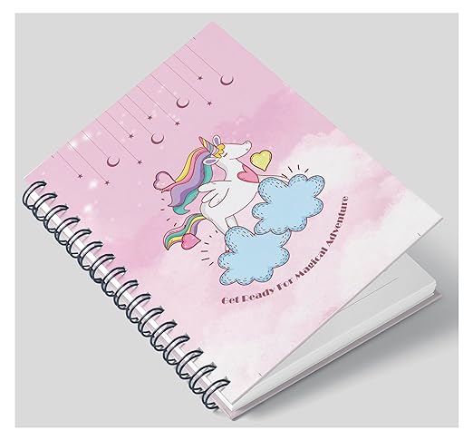 AccuPrints Hard Bound Paper Notebook|Compact Size A5 (8.25 x 5.7)|200 Pages, 80 gsm|Flat Opening Wiro Pink Unicorn diary